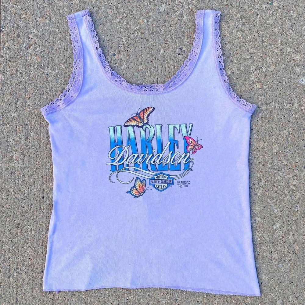 Vintage 1990s Harley Davidson 3D Emblem Pastel Lilac Butterfly Lace Cami Tank